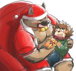  2020 anthro belly blush bottomwear brown_body brown_fur canid canine canis carrying christmas christmas_clothing christmas_headwear clothing cute_fangs domestic_dog duo felid fur hat headgear headwear hi_res holidays hon55728 kemono lion male male/male mammal moobs nipples overweight overweight_male pantherine pants santa_claus santa_hat scar shorts sitting tokyo_afterschool_summoners video_games yasuyori 