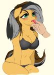  2019 5_fingers ambiguous_gender anthro black_clothing black_underwear blush bodily_fluids breasts brown_hair cleavage clothed clothing duo ears_down equid equine fan_character female female/ambiguous fingers friendship_is_magic green_eyes grey_hair hair hand_on_chin hand_under_chin hasbro hi_res horse human mammal my_little_pony orange_body pivoted_ears pony saliva saliva_on_tongue sitting submissive submissive_female tongue tongue_out underwear ynery 