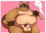  2020 animal_crossing anthro balls belly blue_eyes brown_body brown_fur canid canine erection fur genitals hi_res kemono kusosensei male mammal moobs nintendo nipples obese obese_anthro obese_male overweight overweight_anthro overweight_male penis pubes raccoon_dog solo tanuki tom_nook_(animal_crossing) video_games 