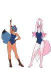  4322chan anthro arms_above_head blue_eyes blue_hair brand_new_animal breasts canid canine cleavage clothed clothing dipstick_ears dipstick_tail duo female fox gloves_(marking) hair hand_on_hip hi_res leg_markings looking_at_viewer mammal markings michiru_kagemori multicolored_ears multicolored_tail nazuna_hiwatashi one-piece_swimsuit open_mouth patreon pink_hair raccoon_dog red_eyes simple_background smile socks_(marking) standing stretching studio_trigger swimwear tanuki tight_clothing white_background 