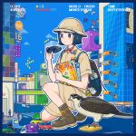  1girl backpack bag binoculars bird black_hair bottle brown_footwear car collared_shirt giant giantess ground_vehicle hawk highres holding motor_vehicle original outline shirt shoes short_hair short_sleeves shorts solo squatting tan_shirt traffic_light white_outline yoshimon 