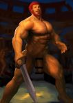  1boy abs absurdres bar_censor bara beard censored colosseum completely_nude dark_skin dark_skinned_male erection facial_hair fate/grand_order fate/zero fate_(series) feet_out_of_frame foreskin hairy highres holding holding_sword holding_weapon iskandar_(fate) large_penis male_focus muscle navel navel_hair nipples nude pectorals penis red_eyes red_hair short_hair solo sword thick_thighs thighs treesiming veins weapon 