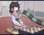  1girl :&lt; black_hair blind blind_girl_(popopoka) blurry blurry_background blush board_game chess chess_piece chessboard commentary cushion depth_of_field dress english_commentary freckles glint grey_eyes hands_on_lap hunter_x_hunter indoors knife_to_throat komugi_(hunter_x_hunter) letterboxed long_sleeves low_twintails original popopoka purple_sash sash seiza sitting solo_focus sweat sweating_profusely trait_connection trembling twintails wide-eyed zabuton 