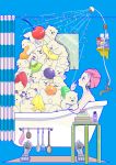  1girl bath bathtub bear blue_background cherry claw_foot_bathtub food fork from_side fruit highres kiwi_slice kiwifruit mirror orange orange_slice original pile pineapple pineapple_slice polar_bear profile shelf shower_curtain solo spoon strawberry towel towel_on_head yoshimon 