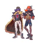  2boys bangs baseball_cap black_hair black_hoodie cape champion_uniform closed_mouth commentary_request dark_skin dark_skinned_male dynamax_band earrings eye_contact facial_hair fist_bump fukurau fur-trimmed_cape fur_trim gloves gym_leader half-closed_eyes hand_in_pocket hand_on_hip hat hood hoodie jewelry knees leon_(pokemon) long_hair looking_at_another male_focus multiple_boys number orange_headwear partially_fingerless_gloves pokemon pokemon_(game) pokemon_swsh purple_hair raihan_(pokemon) red_cape shirt shoes short_shorts short_sleeves shorts single_glove smile standing white_background white_legwear white_shorts yellow_eyes 