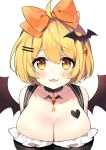  1girl ahoge ayamy bangs bat_hair_ornament blonde_hair blush bow breasts cleavage fang hair_bow hair_ornament hairclip heart heart-shaped_pupils highres hololive jewelry large_breasts looking_at_viewer open_mouth orange_bow short_hair simple_background solo symbol-shaped_pupils white_background yellow_eyes yozora_mel 