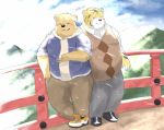  2020 anthro belly bottomwear brown_body brown_fur clothing duo en_1_9 felid fur hi_res hoodie hug humanoid_hands kemono male male/male mammal outside overweight overweight_male pantherine pants shirt tiger topwear ursid 