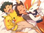  2boys antenna_hair ash_ketchum bangs bed_sheet beige_pants brown_hair capri_pants character_print chitozen_(pri_zen) cinderace closed_eyes eyelashes from_above gen_1_pokemon gen_8_pokemon goh_(pokemon) lying male_focus multiple_boys on_back open_mouth pants pikachu pokemon pokemon_(anime) pokemon_(creature) pokemon_swsh_(anime) print_shirt shirt short_hair short_sleeves sleeping symbol_commentary t-shirt teeth tongue 