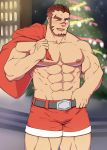  1boy abs akashi_(live_a_hero) alternate_costume bara belt black_belt blush bulge christmas_tree cowboy_shot facial_hair fake_facial_hair fake_mustache feiya6022 fur-trimmed_shorts fur_trim gift_bag goatee highres live_a_hero looking_at_viewer male_focus muscle navel nipples one_eye_closed pectorals red_eyes red_hair red_shorts santa_costume scar scar_on_face scar_on_nose shirtless short_hair shorts sideburns solo thick_eyebrows thick_thighs thighs undercut 