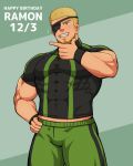  1boy bara black_shirt blonde_hair blue_eyes blush bulge character_name covered_abs covered_navel cowboy_shot eyepatch facial_hair goatee green_shorts hand_on_hip happy_birthday highres male_focus midriff_peek muscle pants pectorals ramon_(kof) shirt short_hair short_sleeves shorts sideburns solo the_king_of_fighters tight_shirt track_pants vert_cypres 