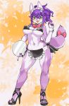  7fukuinu anthro blush bow_(disambiguation) canid canine clothing female footwear fur heterochromia hi_res high_heels mammal nipple_outline purple_body purple_fur shoes solo wide_hips 