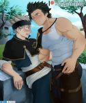  2boys ass asta_(black_clover) bara black_capelet black_clover black_hair black_headwear black_pants blush bulge bulges_touching capelet cowboy_shot grelxb grey_hair headband highres leather male_focus multiple_boys muscle pants patreon_username pectorals reward_available short_hair single_bare_shoulder size_difference tank_top white_tank_top yami_sukehiro yaoi 