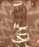  1girl :q brown_eyes brown_hair brown_sclera brown_slime chocolate commentary cowboy_shot curss dark_skin dot_nose hair_between_eyes hand_up head_tilt heart highres index_finger_raised long_hair looking_at_viewer monster_girl navel nude original slime_girl smile solo thigh_gap tongue tongue_out twitter_username 