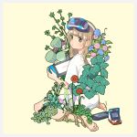  1girl absurdres bangs barefoot blue_flower blunt_bangs branch brown_eyes brown_hair flower from_behind hairband handheld_game_console head_mounted_display highres holding holding_handheld_game_console long_hair looking_at_viewer looking_back nintendo_switch original pink_flower plant red_flower shirt simple_background solo white_hairband white_shirt yellow_background yellow_flower yoshimon 