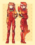  1girl bangs blue_eyes boots closed_mouth dav-19 hand_on_hip hands_in_pockets highres hood jacket long_hair looking_at_viewer neon_genesis_evangelion nerv open_clothes open_jacket plugsuit red_hair shaded_face smile solo souryuu_asuka_langley watermark 