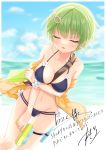  1girl absurdres amatsuji bare_shoulders between_breasts bikini black_bikini breast_hold breasts cleavage closed_eyes collarbone facing_viewer flower_bracelet green_hair groin halterneck highres holding jacket large_breasts multi-strapped_bikini navel nomura_miki off_shoulder open_clothes open_jacket open_mouth outdoors short_hair solo stomach strap string_bikini summer_pockets swimsuit thigh_strap thighs v-shaped_eyebrows water_gun wet yellow_jacket 