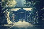  1other architecture blurry blurry_foreground depth_of_field east_asian_architecture fence koyuki_ekaki legs lower_body original scenery silhouette standing stone_path tree 