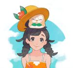  1girl animal_on_head asymmetrical_bangs bangs bird bird_on_head black_eyes blue_sky braid cloud cloudy_sky commentary_request creature day facing_viewer gen_7_pokemon happy jaho medium_hair on_head outdoors pokemon pokemon_(creature) pokemon_(game) pokemon_on_head pokemon_usum rowlet selene_(pokemon) sky smile twin_braids 