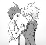  2boys :d ahoge bangs collared_shirt danganronpa_(series) danganronpa_2:_goodbye_despair from_side greyscale hair_between_eyes hands_together hands_up highres hinata_hajime holding_hands hood hooded_jacket jacket komaeda_nagito long_sleeves looking_at_another male_focus medium_hair messy_hair monochrome multiple_boys necktie open_mouth profile shirt short_hair short_sleeves smile takagiri upper_body 