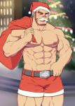  1boy abs akashi_(live_a_hero) alternate_costume bara belt black_belt blush bulge christmas_tree cowboy_shot facial_hair fake_facial_hair fake_mustache feiya6022 fur-trimmed_shorts fur_trim gift_bag goatee hat highres live_a_hero looking_at_viewer male_focus muscle navel nipples one_eye_closed pectorals red_eyes red_hair red_shorts santa_costume santa_hat scar scar_on_face scar_on_nose shirtless short_hair shorts sideburns solo thick_eyebrows thick_thighs thighs 