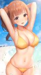  1girl :d armpits arms_up ass_visible_through_thighs bangs beach bikini blue_sky blurry blurry_background blush breasts brown_eyes brown_hair cleavage collarbone commentary_request cowboy_shot day depth_of_field eyebrows_visible_through_hair highres idolmaster idolmaster_cinderella_girls igarashi_kyouko long_hair looking_at_viewer medium_breasts navel ocean open_mouth outdoors revision side_ponytail skindentation sky smile solo splashing stomach swimsuit thigh_gap u_rin water yellow_bikini 