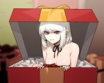  1girl bangs black_ribbon blurry blurry_background box breasts cleavage earrings eyebrows_visible_through_hair gift gift_box gogalking highres jewelry large_breasts looking_at_viewer medium_hair naked_ribbon nose original pointy_ears red_eyes red_ribbon ribbon sidelocks solo symbol_commentary vampire_(gogalking) white_hair yellow_ribbon 