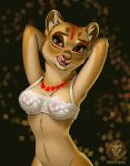  anthro bra brown_eyes clothed clothing felid female fur hands_behind hands_behind_head inner_ear_fluff lace licking licking_lips lingerie lion looking_at_viewer mammal pantherine partially_clothed pose presenting savannahlioness_(character) simple_background smile smiling_at_viewer solo tattoo teeth tongue tongue_out tuft underwear vestina yellow_body yellow_fur 