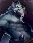  absurd_res anthro barazoku blue_body canid canine canis clothed clothing cotton_paws_(artist) duo felid feline foreplay grin hi_res law_(sdorica_sunset) male male/male mammal mature_male muscular pang pantherine partially_clothed sdorica sdorica_sunset smile solo_focus wolf 