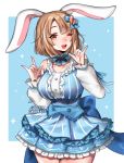  1girl :3 :d \m/ animal_ears blue_background blue_bow blue_dress blue_neckwear blue_skirt border bow bowtie breasts brown_eyes brown_hair bunny_ayumi bunny_ayumi_(vtuber) bunny_ears cleavage cowboy_shot double-breasted double_\m/ dress hair_bow indie_virtual_youtuber large_breasts looking_at_viewer medium_hair one_eye_closed open_mouth outside_border pleated_skirt skirt skirt_under_dress smile solo standing terupancake twitter_username underbust white_border 