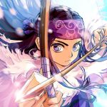  1girl aiming_at_viewer ainu ainu_clothes arrow_(projectile) artist_name asirpa bandana blurry bow_(weapon) cape closed_mouth commentary depth_of_field earrings english_commentary expressionless floating_hair fur_cape glint golden_kamuy holding holding_bow_(weapon) holding_weapon hoop_earrings jewelry long_hair looking_at_viewer painttool_sai_(medium) purple_bandana purple_eyes purple_hair solo upper_body weapon zzyzzyy 