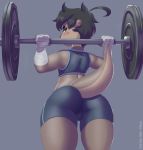  2020 anthro barbell big_butt black_hair black_nose blue_bottomwear blue_clothing blue_shirt blue_shorts blue_topwear blush bodily_fluids bottomwear brown_body brown_fur bubble_butt bulge butt clothed clothing crop_top exercise exercise_clothing fur girly green_eyes grey_background hair hand_wraps hi_res holding_object hotpants looking_at_viewer looking_back lutrine male mammal midriff mr-shin muscular muscular_anthro muscular_male mustelid raised_arms raised_tail rear_view river_otter shin_(mr-shin) shirt shorts simple_background skimpy solo sweat sweatdrop tan_body tank_top tight_clothing topwear weightlifting workout wraps 