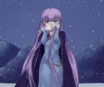  1girl absurdly_long_hair belly_chain blue_dress blush breath cloak cold dress fire_emblem fire_emblem:_the_binding_blade hair_grab heavy_breathing highres jewelry long_hair mesz410 night open_mouth outdoors purple_cloak purple_eyes purple_hair snow snowing solo sophia_(fire_emblem) very_long_hair 