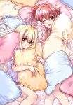  2girls bangs bed_sheet blonde_hair blue_shirt bow brown_eyes closed_mouth commentary_request eyebrows_visible_through_hair feathers from_above hair_bow hair_intakes highres holding holding_pillow iris_(nanoha) kuroi_mimei long_hair looking_at_viewer lying lyrical_nanoha mahou_shoujo_lyrical_nanoha_detonation multiple_girls on_back on_bed one_eye_closed open_mouth pajamas pillow red_eyes red_hair shirt short_sleeves smile yuri_eberwein 