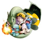  1boy alternate_color baseball_cap brown_eyes brown_hair charizard commentary_request fire flame gen_1_pokemon hat holding holding_pokemon ivysaur jacket looking_back male_focus one_eye_closed parted_lips pokemon pokemon_(creature) pokemon_(game) pokemon_frlg red_(pokemon) short_sleeves signature squirtle super_smash_bros. three_guo vs_seeker white_background yellow_headwear yellow_wristband 