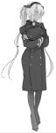  1girl alternate_costume bangs breasts coat crossed_arms full_body glasses greyscale hair_between_eyes headgear kantai_collection large_breasts long_hair long_sleeves monochrome musashi_(kantai_collection) nail_polish rudder_footwear simple_background sketch solo standing yunamaro 