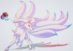  absurdres alternate_color blurry closed_mouth commentary energy film_grain gen_1_pokemon highres luxury_ball ninetales paws poke_ball pokemon red_eyes saiku_(zvlku) shiny_pokemon toes 