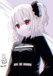  1girl albino aro_1801 bangs black_jacket black_scrunchie breasts closed_mouth eyebrows_visible_through_hair fate/grand_order fate_(series) fujimaru_ritsuka_(female) hair_between_eyes hair_ornament hair_scrunchie highres jacket long_sleeves looking_at_viewer medium_breasts one_side_up red_eyes scrunchie solo twitter_username upper_body white_hair 