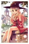  1girl absurdres animal_around_neck bangs blonde_hair blurry blurry_background blush body_blush border breasts brick_wall building cloud commentary_request day depth_of_field detached_sleeves doridori dress feet_out_of_frame fox hair_between_eyes hat highres house lamppost long_hair looking_at_viewer medium_breasts open_mouth outdoors professor_(ragnarok_online) ragnarok_online red_dress red_eyes red_sleeves sitting sky sleeveless sleeveless_dress solo star_(symbol) tree white_border window witch_hat 