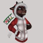  2020 alcohol anthro beer beverage blue_eyes brown_body brown_fur brown_hair can capreoline cervid christmas clothed clothing fur girly hair hi_res holidays horn icy_vinyl male mammal reindeer simple_background solo teeth text 