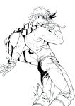  1boy bare_arms bare_shoulders battle_tendency belt boots clothing_cutout commentary crop_top eyebrows_behind_hair fingerless_gloves gloves greyscale high_contrast highres jojo_no_kimyou_na_bouken jojo_pose joseph_joestar_(young) knee_boots lineart looking_back male_focus midriff monochrome muscle pants parted_lips pose profile sashiyu scarf short_hair sideways_glance signature simple_background sleeveless solo striped striped_scarf symbol_commentary white_background 