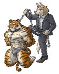  2007 anthro anthro_on_anthro barazoku bottomwear brown_body brown_fur bulge canid canine chain chained clothing domination duo eyes_closed felid fur kemono low_res male male/male male_domination mammal muscular muscular_male nipples pantherine pants shirt simple_background submissive submissive_male tiger topwear underwear unknown_artist white_background 