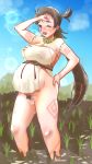  1girl :d absurdres blue_sky blush body_markings bottomless breasts brown_hair commentary_request covered_nipples day fate/grand_order fate_(series) highres himiko_(fate) large_breasts long_hair looking_at_viewer mi_(user_cfhn8773) open_mouth outdoors pregnant pubic_hair see-through_dress sky smile solo sweat twintails very_long_hair 