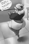  anthro big_breasts big_butt bottomwear breasts butt clothed clothing conditional_dnp dialogue dialogue_box facial_piercing female floating hat headgear headwear hi_res huge_butt levitation lip_piercing monochrome overweight overweight_anthro overweight_female piercing shorts simple_background slightly_chubby solo text text_on_bottomwear text_on_clothing thick_thighs tight_clothing topwear unknown_species xopachi 