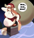  2020 ? anthro australian_shepherd bag belly big_belly big_breasts black_claws black_nose breasts brown_body brown_fur brown_hair butt canid canine canis chimney christmas christmas_clothing christmas_headwear claws cleavage clothed clothing dialogue digital_media_(artwork) domestic_dog english_text female fingers fur fur_trim_(clothing) hair hat headgear headwear herding_dog hi_res holding_bag holding_object holidays in_chimney long_hair looking_down mammal mckaylah multicolored_body multicolored_fur navel night outie_navel outside panties pastoral_dog pregnant pregoo rooftop santa_hat sheepdog snow solo speech_bubble strapless_clothing strapless_topwear stuck text topwear two_tone_body two_tone_fur underwear white_body white_fur 