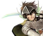  1boy armor bandaid bandaid_on_face bangs blood blood_on_face brown_eyes brown_hair cape chainmail closed_mouth commentary_request dutch_angle emblem gauntlets grandyoukan green_cape hair_between_eyes head_fins helmet holding holding_sword holding_weapon knight_(ragnarok_online) korean_commentary looking_at_viewer male_focus pauldrons ragnarok_online short_hair shoulder_armor simple_background solo sword uneven_eyes weapon white_background 