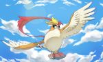  bird blue_sky brown_eyes claws cloud cloudy_sky commentary creature day english_commentary flying full_body gen_1_pokemon looking_at_viewer mega_pidgeot mega_pokemon no_humans pidgeot pinkgermy pokemon pokemon_(creature) sky solo 
