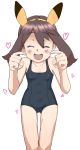  1girl animal_ears brown_hair fake_animal_ears highres may_(pokemon) medium_hair nyonn24 one-piece_swimsuit open_mouth pokemon pokemon_(game) pokemon_rse simple_background smile solo swimsuit white_background 