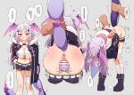  1boy 1girl anus arknights ass bandaged_leg bandages bar_censor belt bent_over blue_shorts blush boots breasts bright_pupils censored chinese_text coat crop_top cum cum_in_pussy dog_tags from_behind grey_background head_wings heavy_breathing hetero highres long_hair looking_at_viewer manticore_(arknights) medium_breasts midriff mountain_han multiple_views navel open_clothes open_coat open_mouth panties panty_pull penis pointy_ears pov pov_crotch purple_coat purple_eyes purple_footwear purple_hair pussy pussy_juice scorpion_tail sex sex_from_behind shirt short_shorts shorts shorts_pull simple_background socks sweat tail tail_grab translation_request twintails underwear vaginal white_legwear white_pupils white_shirt 