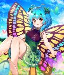  1girl :d absurdres antennae aqua_hair bangs bare_legs bare_shoulders barefoot blush breasts bug butterfly butterfly_wings cloud cloudy_sky commentary day dress eternity_larva eyebrows_visible_through_hair floating foot_out_of_frame glint green_dress hair_leaf highres insect lens_flare light_particles looking_at_viewer medium_breasts multicolored multicolored_clothes multicolored_dress open_mouth orange_eyes purple_dress short_hair sky sleeveless sleeveless_dress smile soles solo touhou wings yuujin_(yuzinn333) 