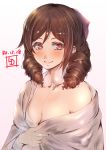  1girl artist_logo bare_shoulders bow breasts brown_hair cleavage commentary_request dated drill_hair grey_kimono grey_robe hair_bow harukaze_(kantai_collection) highres japanese_clothes kantai_collection kimono ld_(luna_dial398) looking_at_viewer medium_breasts red_bow red_eyes simple_background solo twin_drills undressing upper_body white_background 